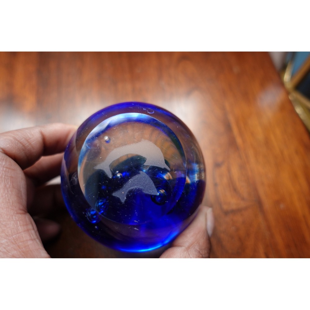 Cobalt Blue‎ Glass Orb Paperweight Dolphin Swirl Bubbles Galaxy